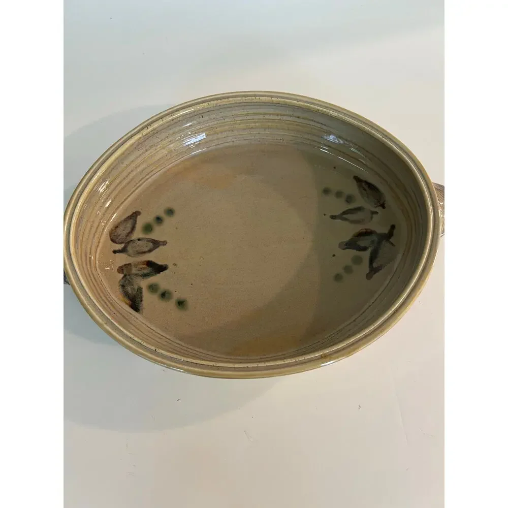 Beautiful Glazed Pottery Two Handle Serving Dish One of a Kind Vintage JL